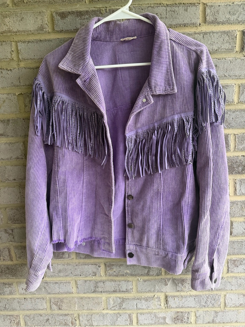 POL Lavender Purple Corduroy Rhinestone Fringe Raw Hem Button Front Jacket S